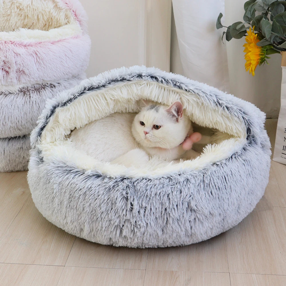 Plush Round Cat Bed - Cozy Winter Pet Sleeping Nest for Cats