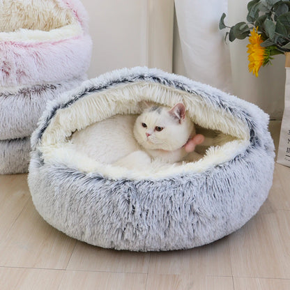 Plush Round Cat Bed - Cozy Winter Pet Sleeping Nest for Cats