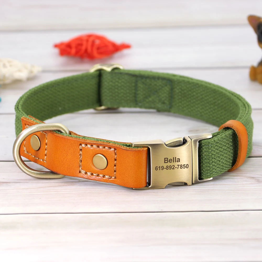Custom Dog Collar Leash Set Personalized Pet ID Nylon Leather Green collar