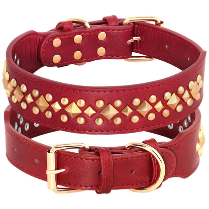Spiked Leather Dog Collar - Adjustable Studded Collar for Dogs Red