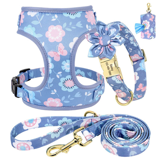 Custom Dog Collar Harness Set - Personalized Floral Pet Kit 4pcs blue