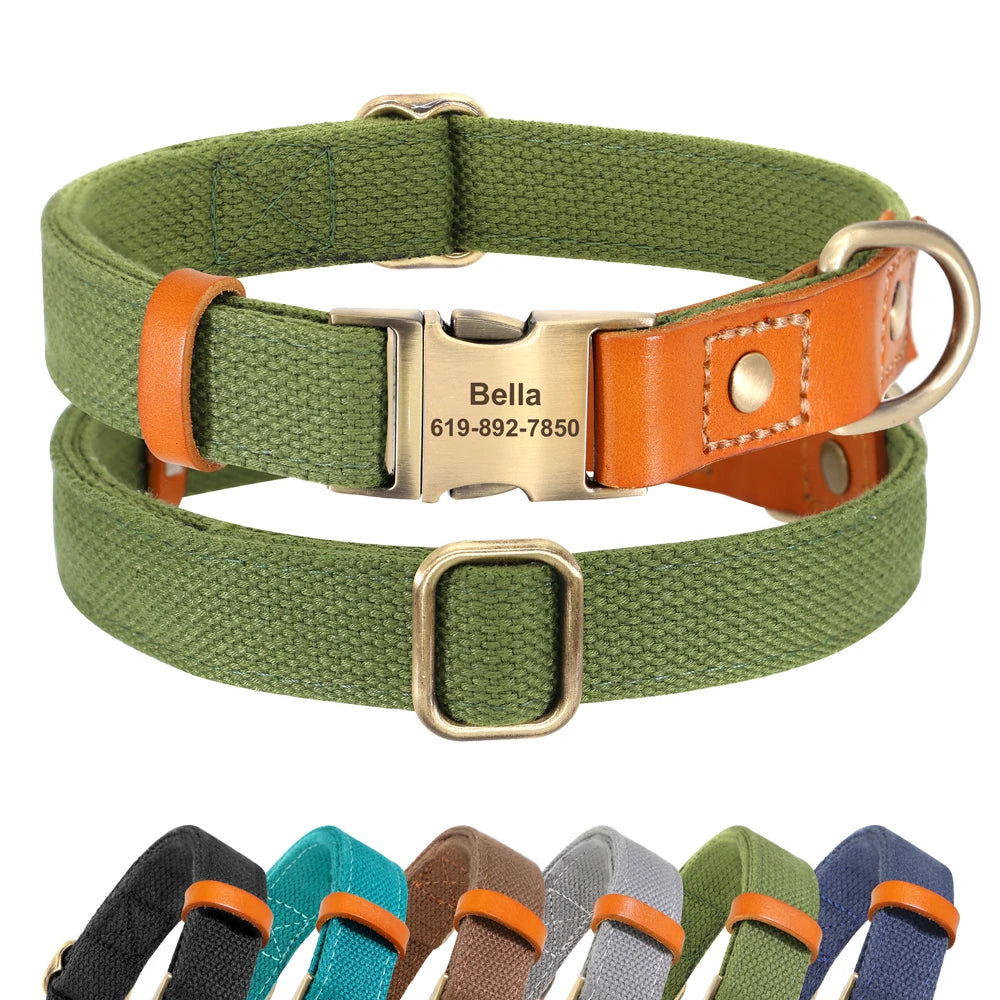 Custom Dog Collar with ID Tag - Personalized Nylon PU Leather Green