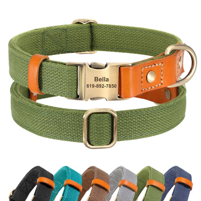 Custom Dog Collar with ID Tag - Personalized Nylon PU Leather Green