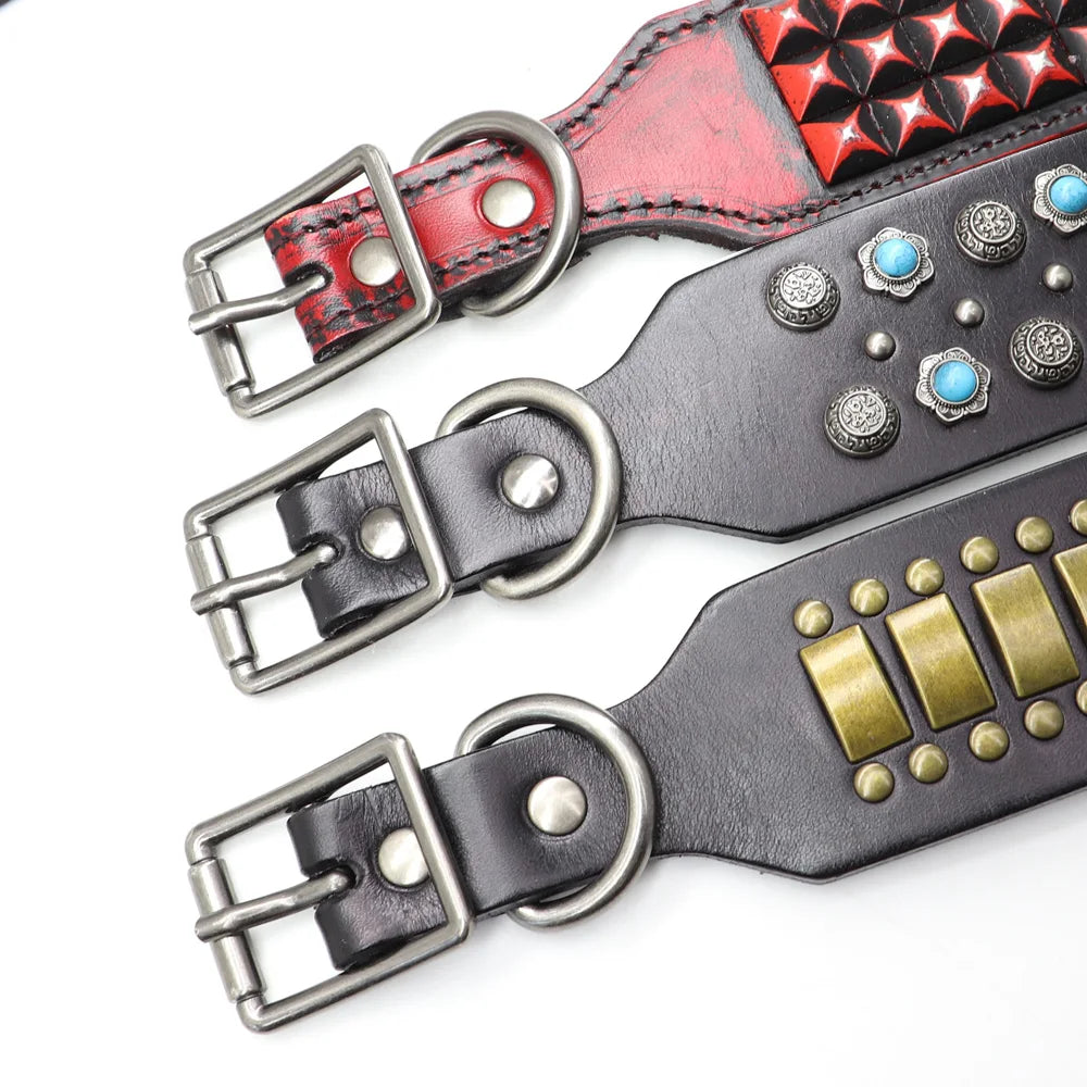 Luxury Leather Dog Collar 2 Inch Wide Diamond Spike - Large Dogs