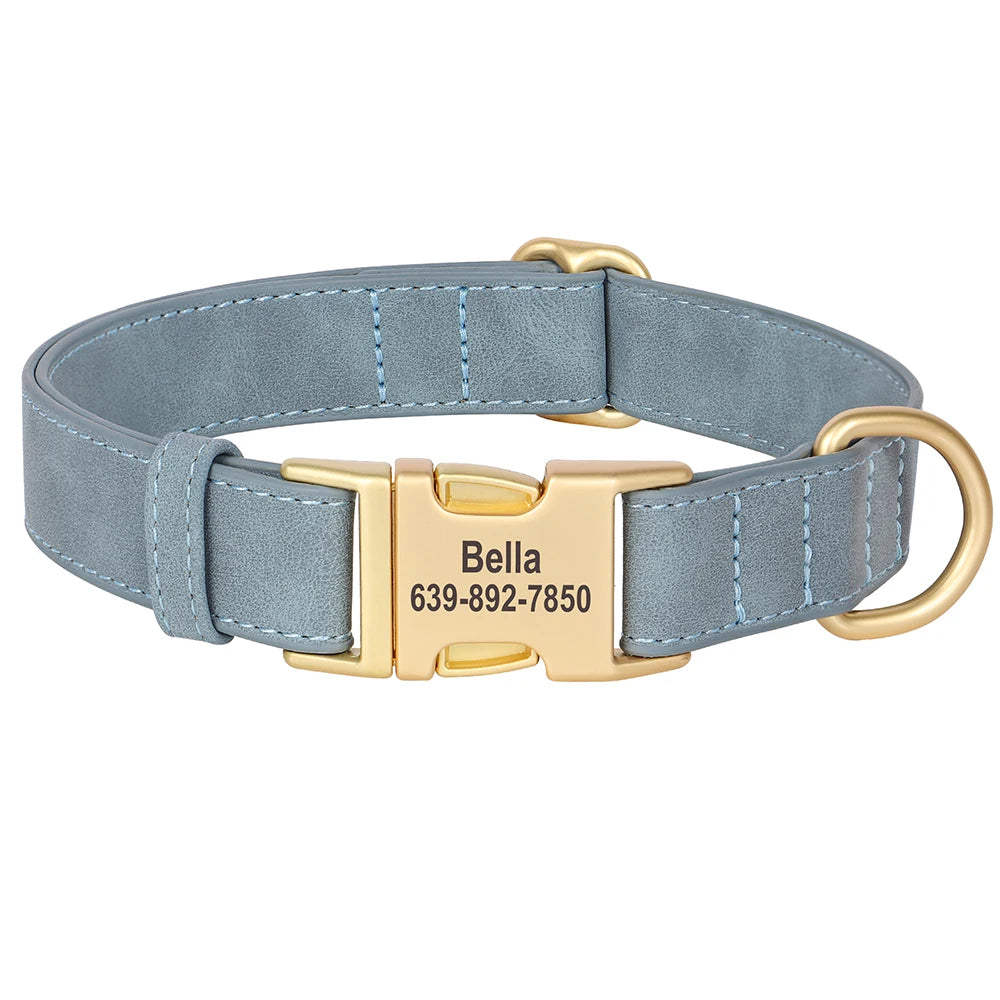 Custom Dog Collar PU Leather Personalized Pet Collar Metal Buckle Blue