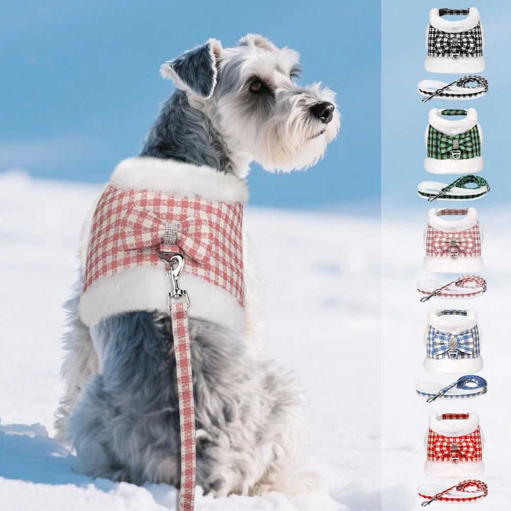 Warm Plaid Dog Harness Set with Removable Fur Collar & Leash