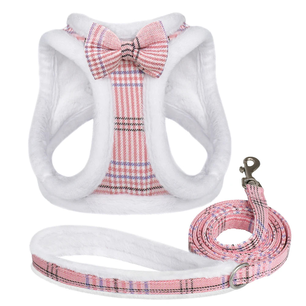 Winter Dog Harness & Leash Set - Warm Fur Vest with Bowknot Pink