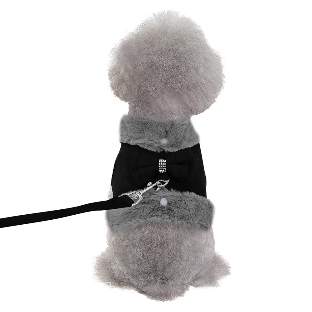 Winter Dog Harness Set - Warm Fur Vest with Bowknot & Leash