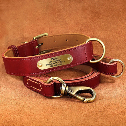 Personalized Leather Dog Collar & Leash Set with Free Engraving Red Set