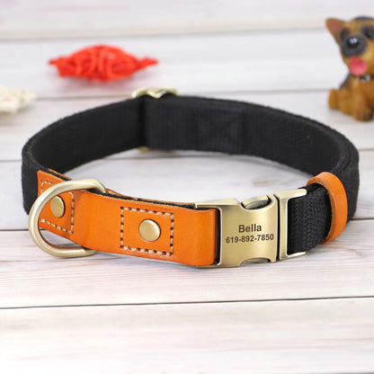 Custom Dog Collar Leash Set Personalized Pet ID Nylon Leather Black collar
