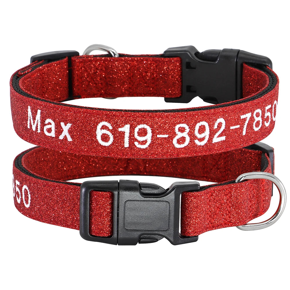 Personalized Reflective Dog Collar - Custom Embroidered Name & Phone 34 Red