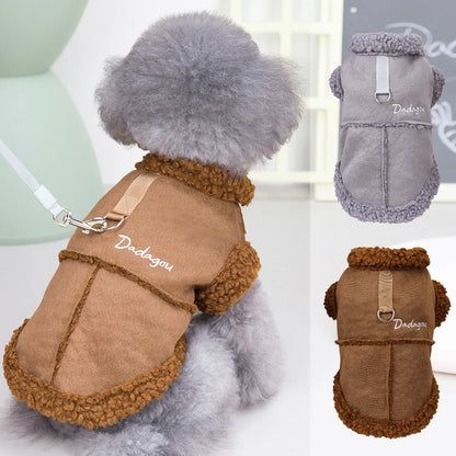 Winter Dog Jacket with Warm Fur Collar - Suede Pet Coat