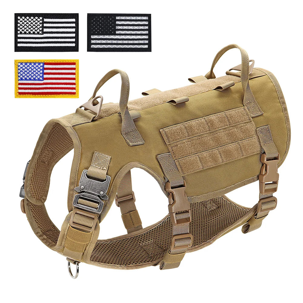 Tactical Dog Harness Military Vest Medium Large Dogs - Durable Nylon KH--US