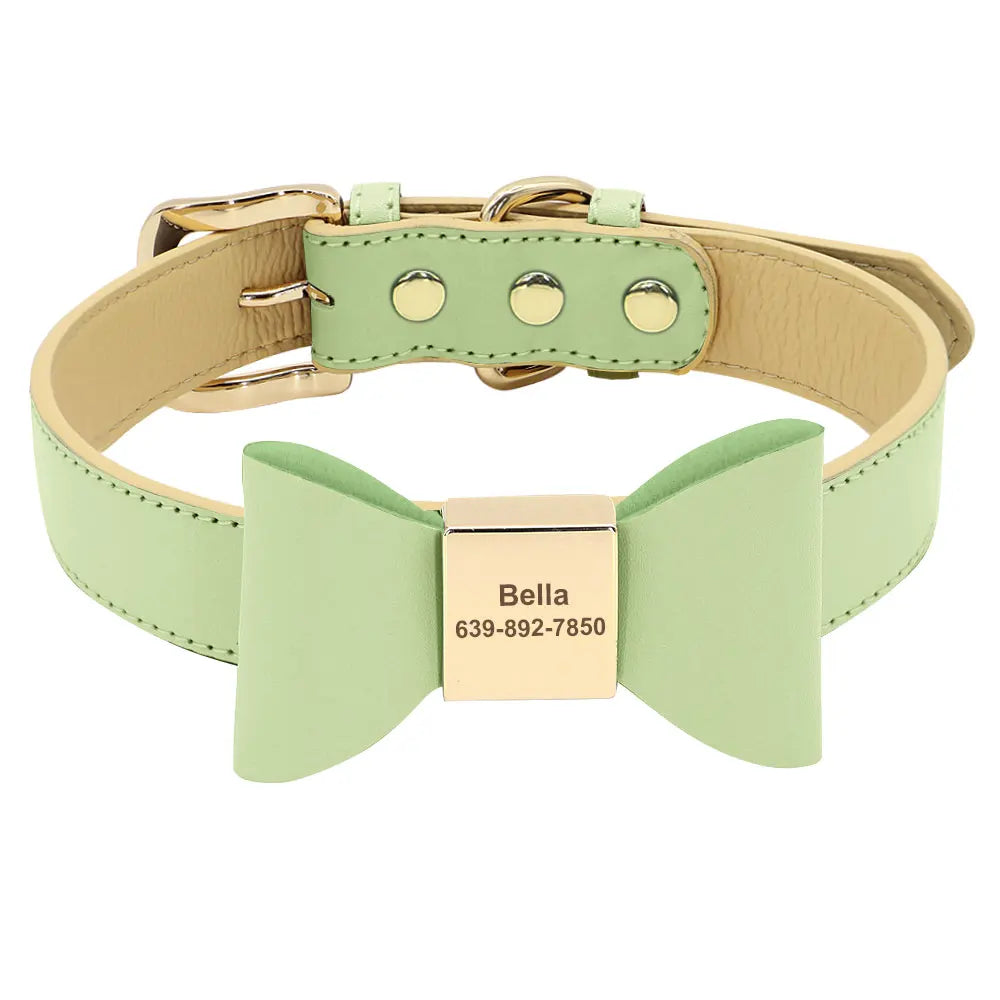 Personalized Dog Collar with Bowknot - Custom Engraved PU Leather Green
