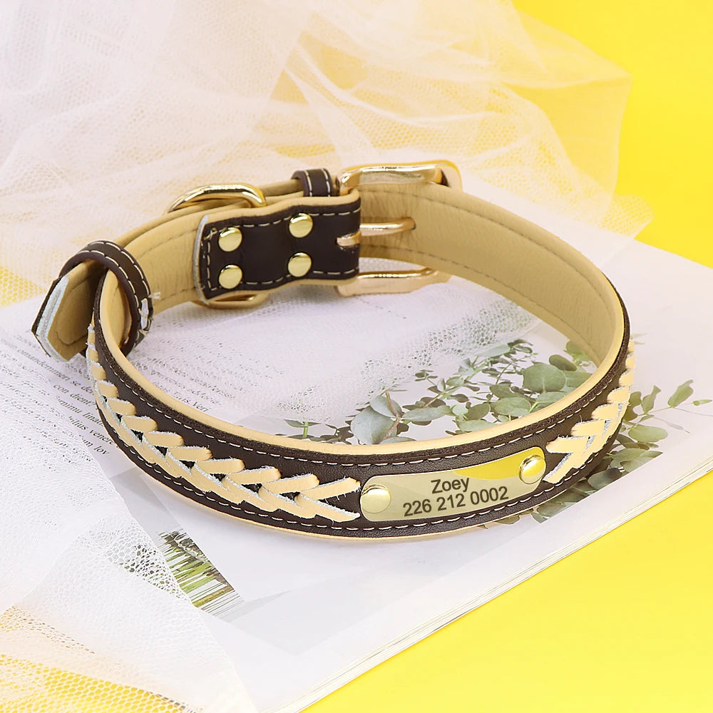 Personalized Dog Collar with Free Engraving - Premium PU Leather Beige