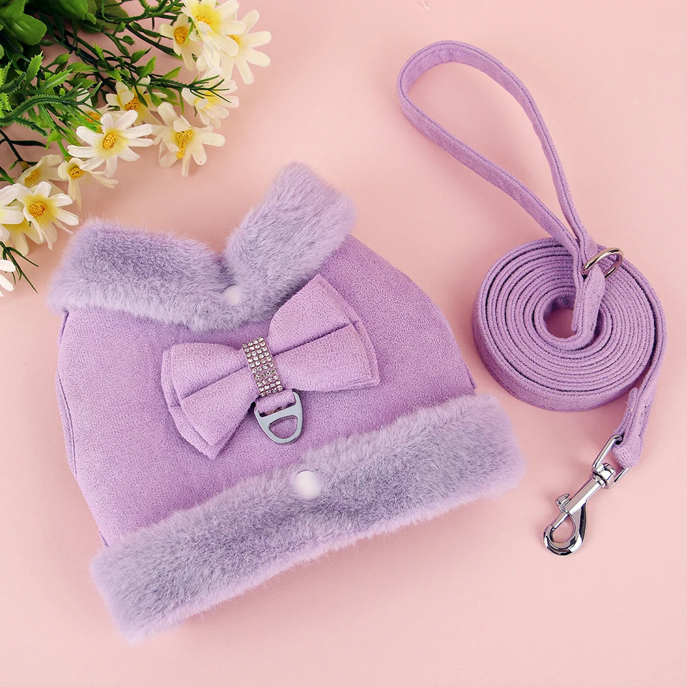 Winter Dog Harness Set - Warm Fur Vest with Bowknot & Leash