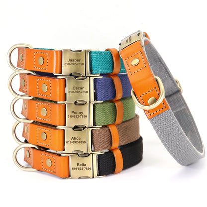 Custom Dog Collar Leash Set Personalized Pet ID Nylon Leather