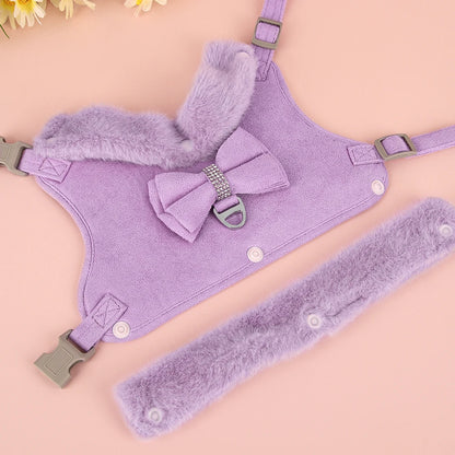 Winter Dog Harness Set - Warm Fur Vest with Bowknot & Leash