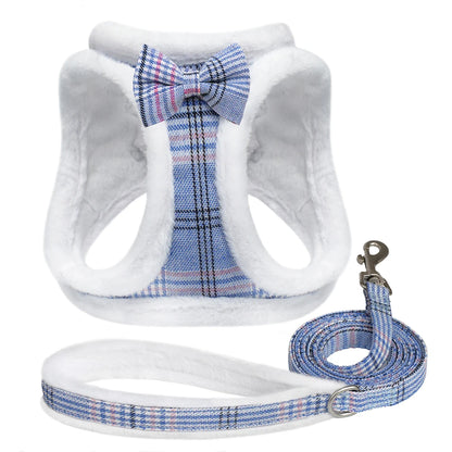 Winter Dog Harness & Leash Set - Warm Fur Vest with Bowknot Blue