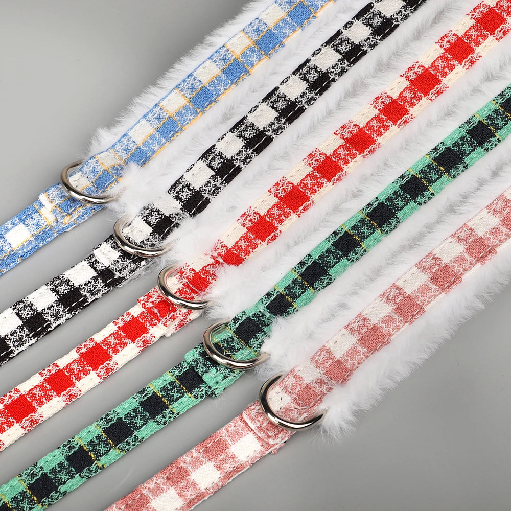 Warm Plaid Dog Harness Set with Removable Fur Collar & Leash