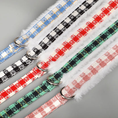 Warm Plaid Dog Harness Set with Removable Fur Collar & Leash