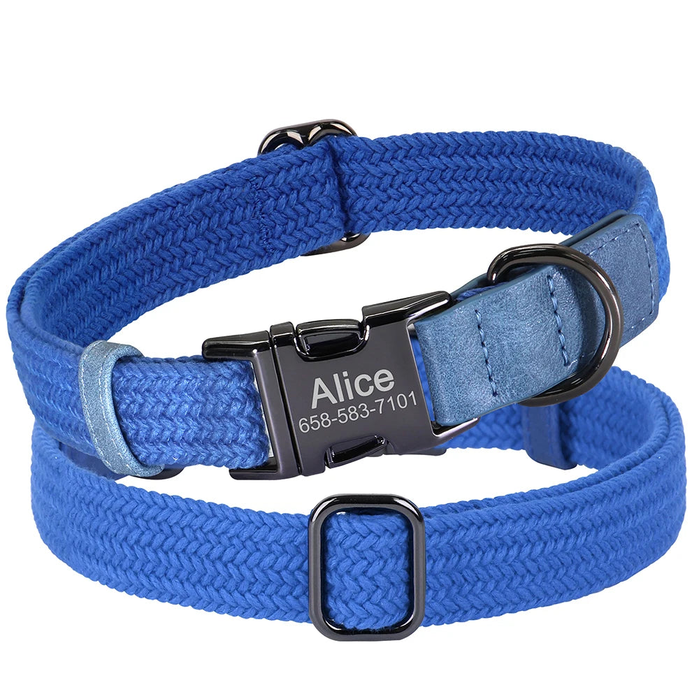 Custom Dog Collar with Name - Adjustable Nylon Pet Collar Blue