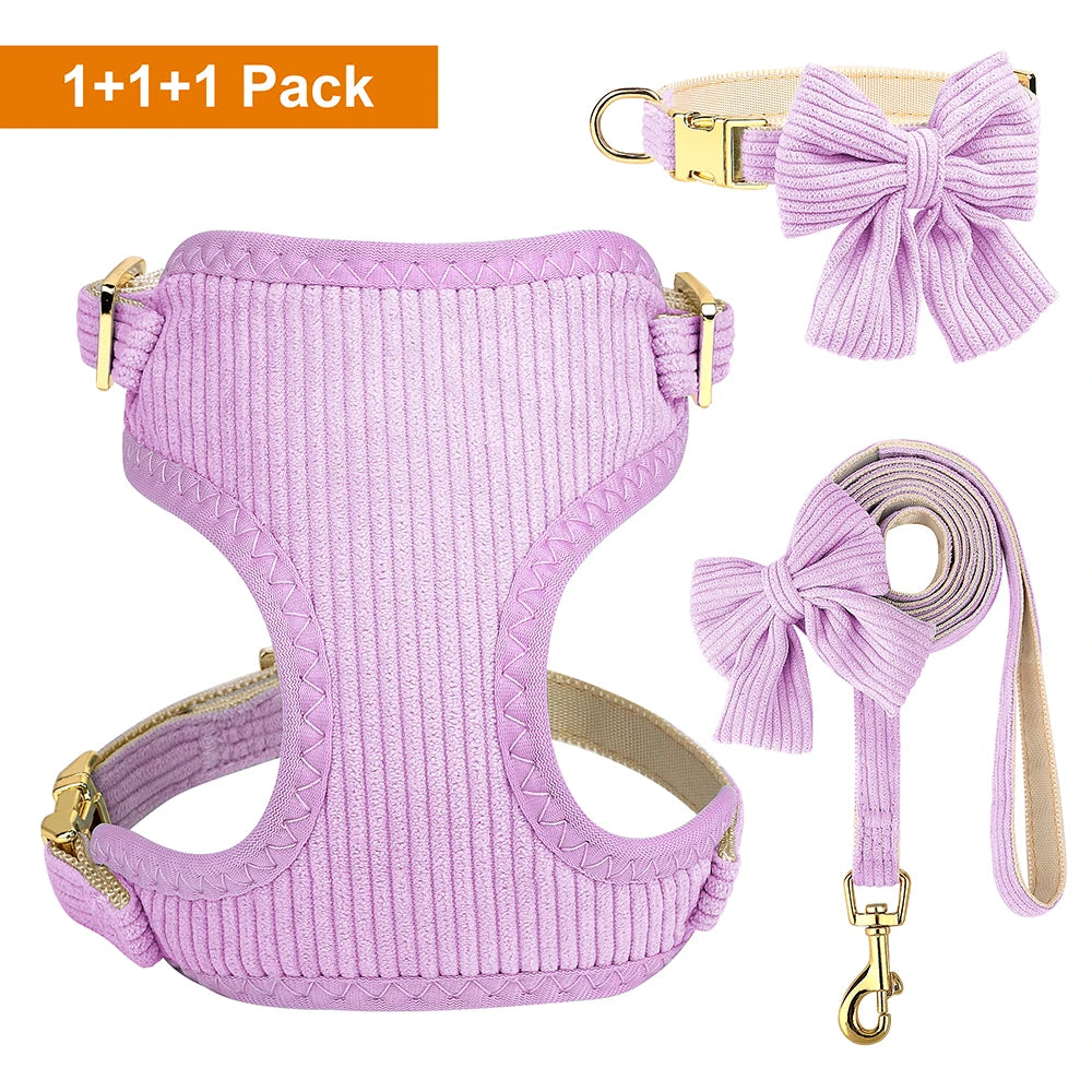 Adorable Bowknot Dog Harness Set - Soft Velvet Collar & Leash for Small Dogs Purple