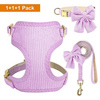 Adorable Bowknot Dog Harness Set - Soft Velvet Collar & Leash for Small Dogs Purple