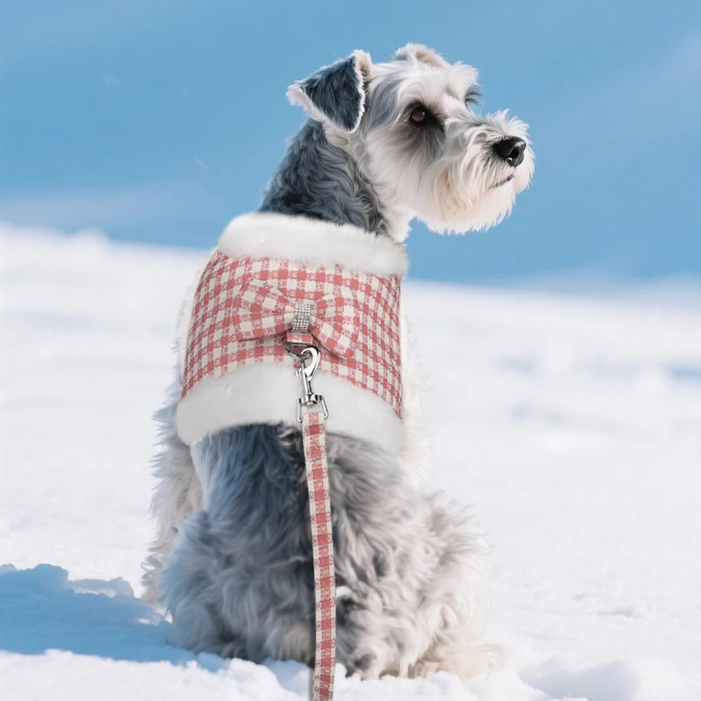 Warm Plaid Dog Harness Set with Removable Fur Collar & Leash