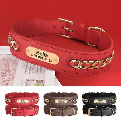 Personalized Leather Dog Collar with Name Tag - Custom ID Collar