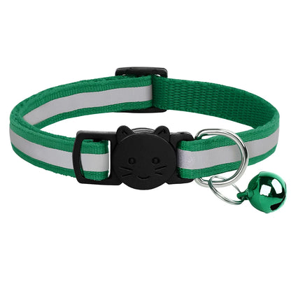 Breakaway Cat Collar with Bell - Reflective Safety Nylon Collar Green 20-33cm
