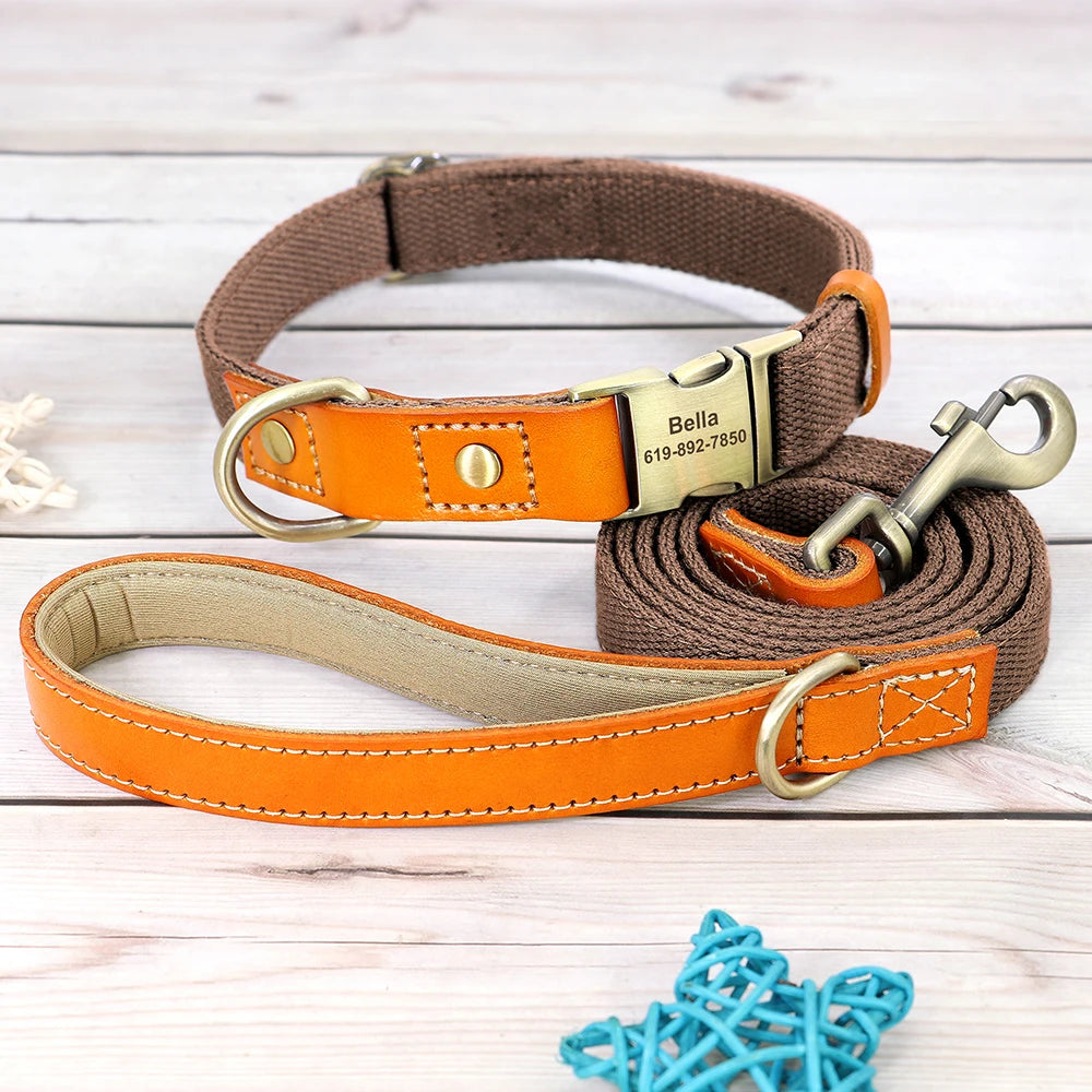 Custom Dog Collar Leash Set Personalized Pet ID Nylon Leather Brown set