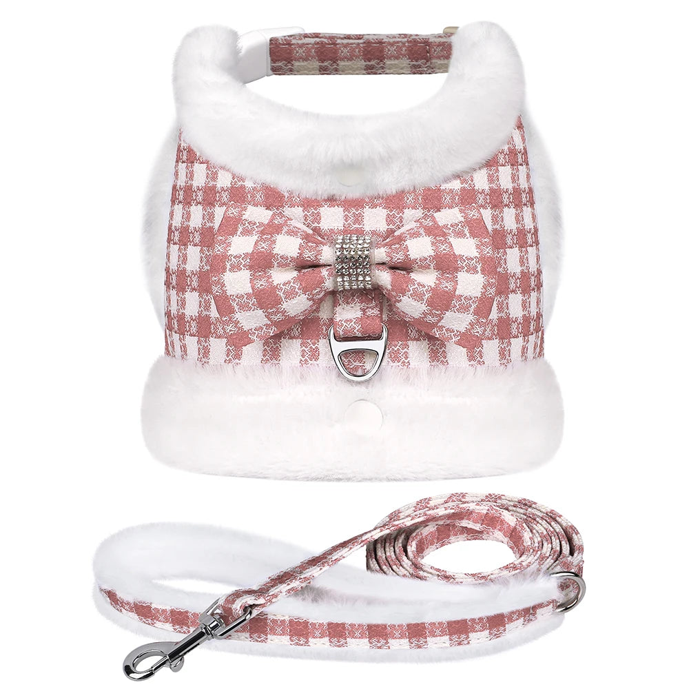 Warm Plaid Dog Harness Set with Removable Fur Collar & Leash Pink