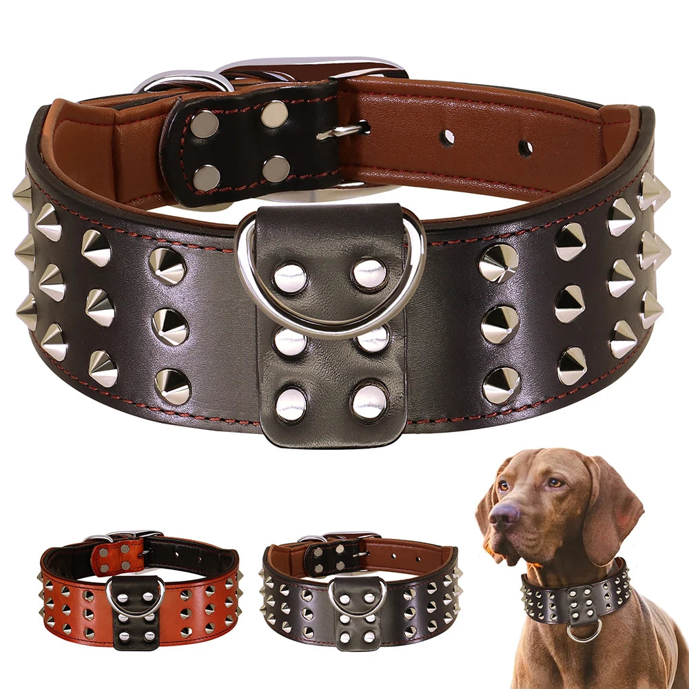 Spiked Leather Dog Collar - Heavy Duty Wide Collar for Large Dogs