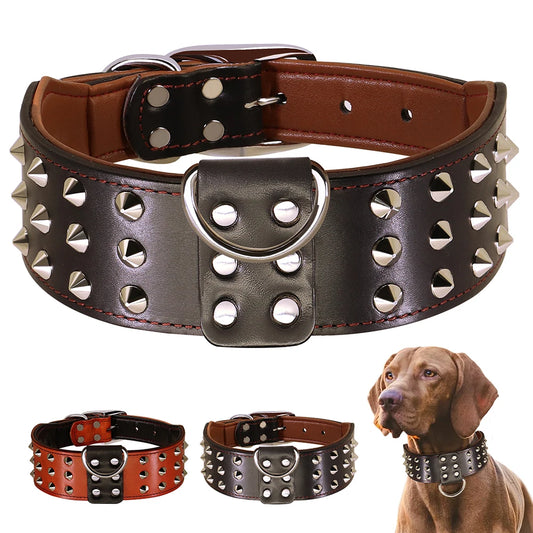 Spiked Leather Dog Collar - Heavy Duty Wide Collar for Large Dogs
