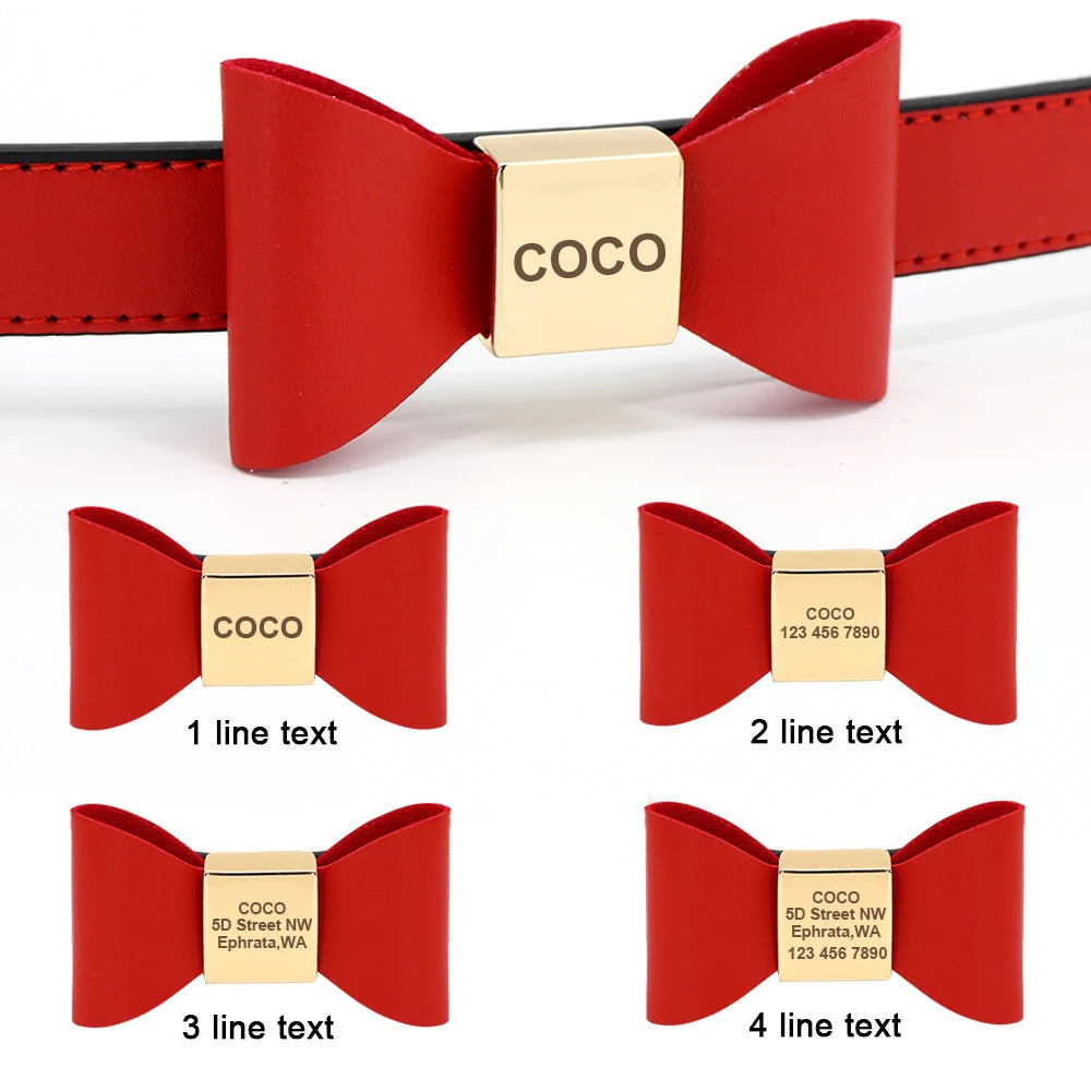 Personalized Dog Collar with Bowknot - Custom Engraved PU Leather