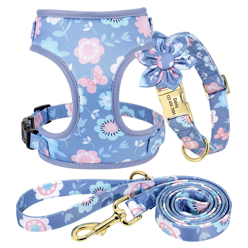Custom Dog Collar Harness Set - Personalized Floral Pet Kit 3pcs blue