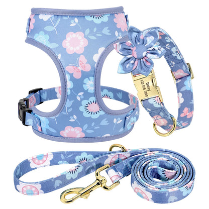 Custom Dog Collar Harness Set - Personalized Floral Pet Kit 3pcs blue