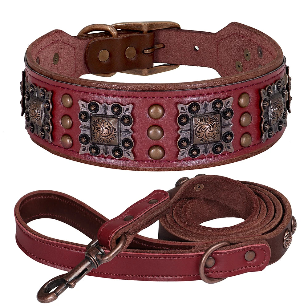 Leather Dog Collar Leash Set Large Dogs - Padded Wide Metal Rivet Red