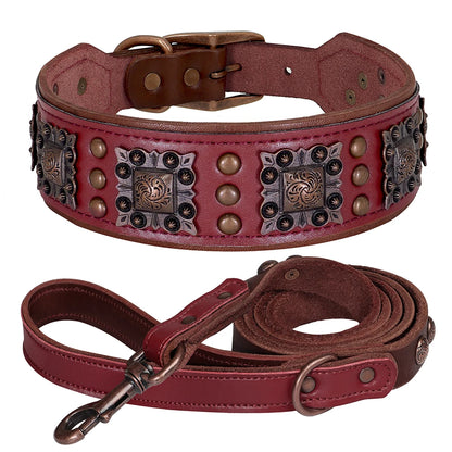 Leather Dog Collar Leash Set Large Dogs - Padded Wide Metal Rivet Red