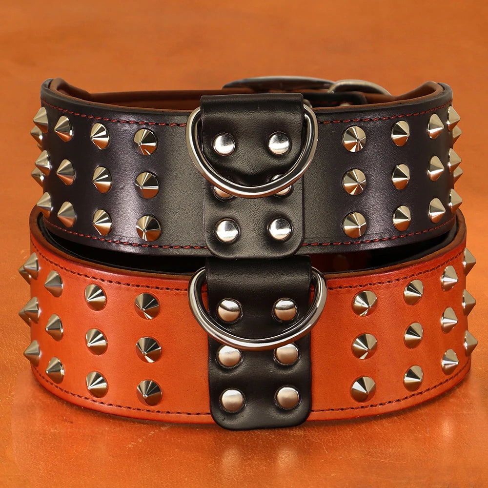 Spiked Leather Dog Collar - Heavy Duty Wide Collar for Large Dogs