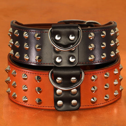 Spiked Leather Dog Collar - Heavy Duty Wide Collar for Large Dogs