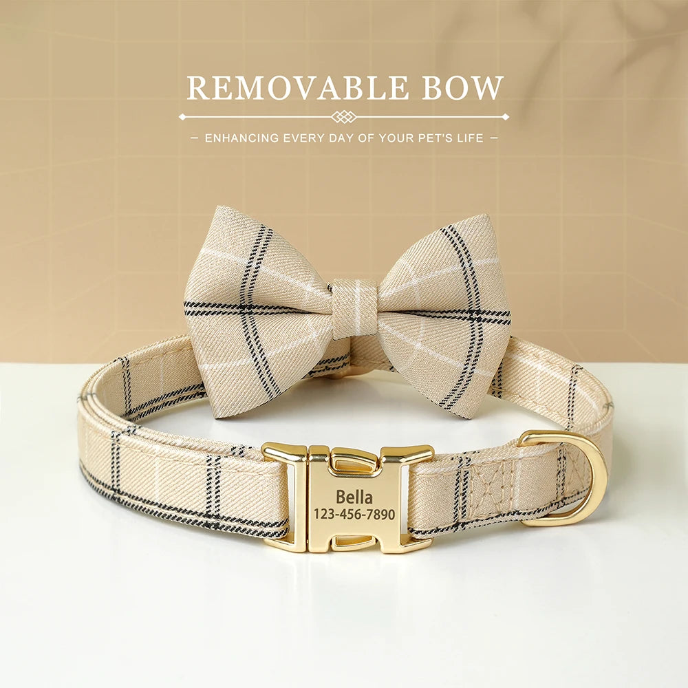 Custom Dog Collar Bowknot Engraved Pet ID Nylon Small Medium Beige