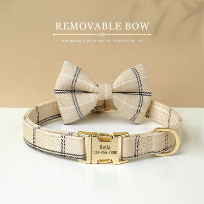 Custom Dog Collar Bowknot Engraved Pet ID Nylon Small Medium Beige