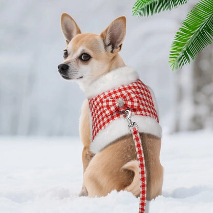 Warm Plaid Dog Harness Set with Removable Fur Collar & Leash