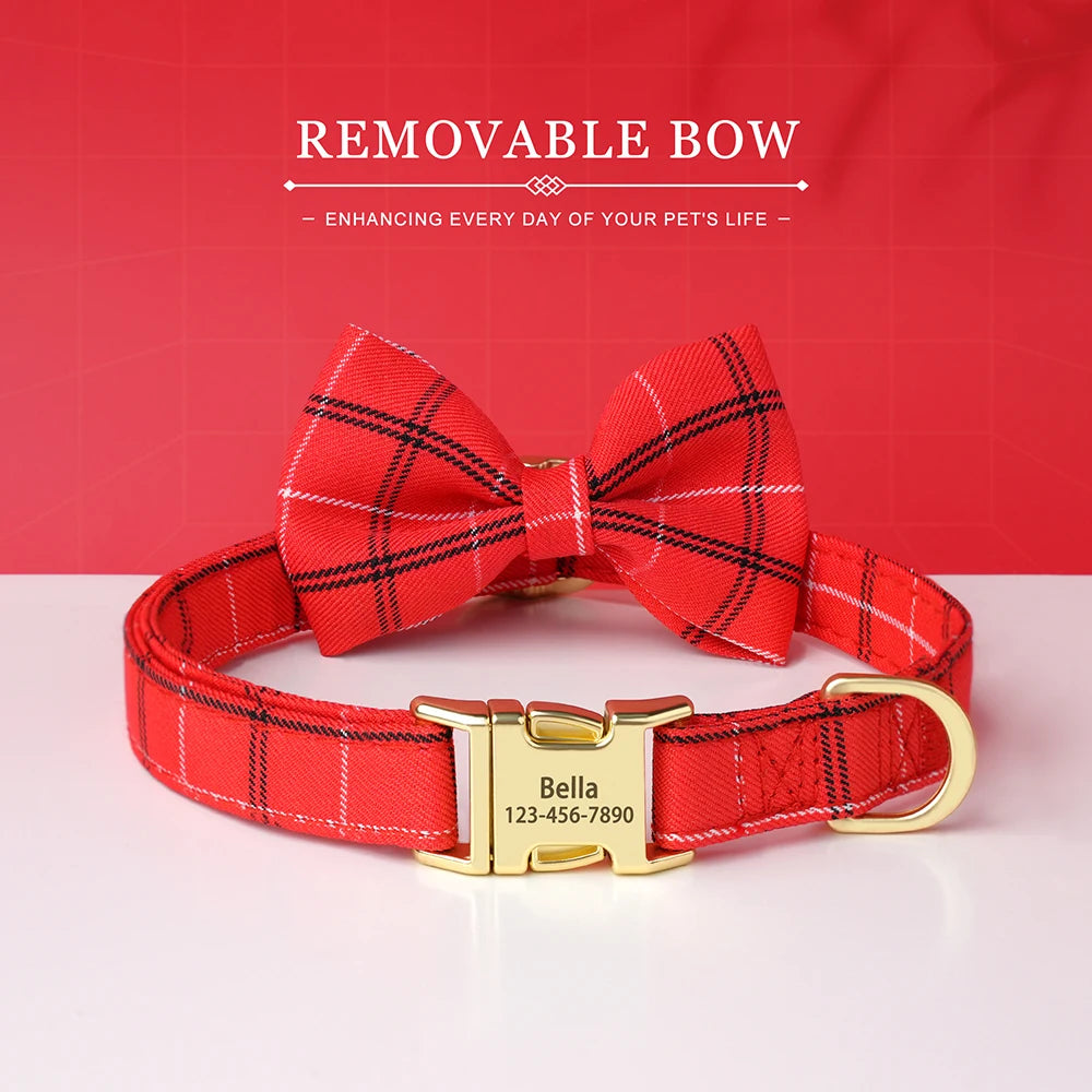 Custom Dog Collar Bowknot Engraved Pet ID Nylon Small Medium Red