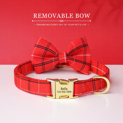 Custom Dog Collar Bowknot Engraved Pet ID Nylon Small Medium Red