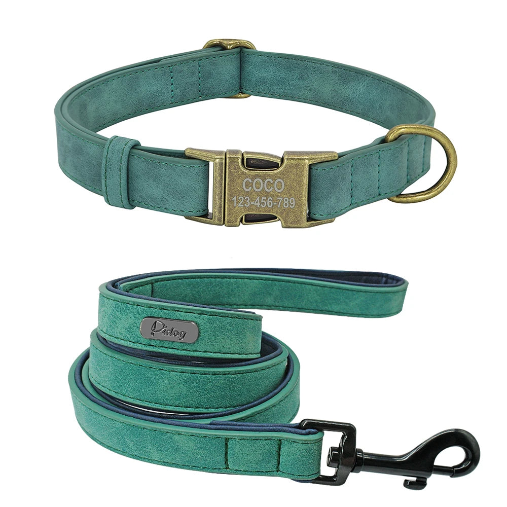 Personalized Dog Collar & Leash Set - Custom Engraved Pet Accessories green