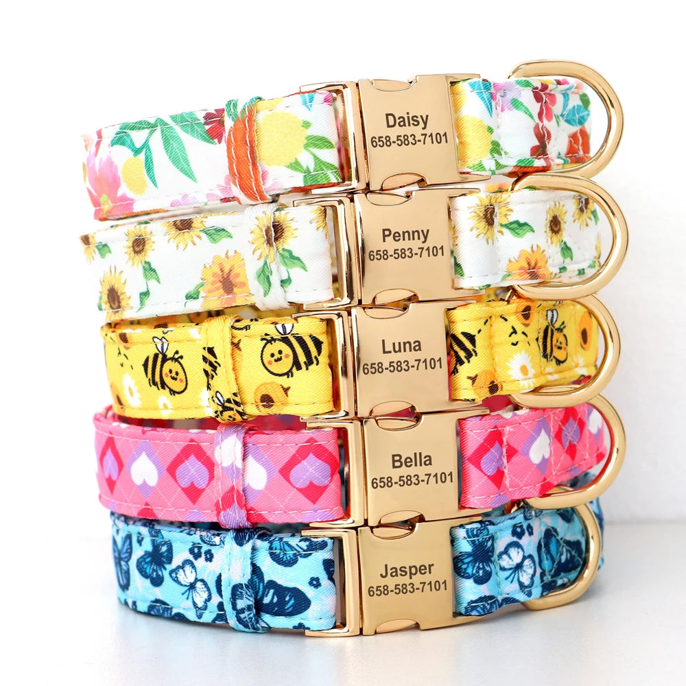 Custom Floral Dog Collar with Free Nameplate - Personalized Pet ID