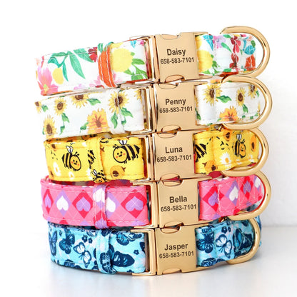 Custom Floral Dog Collar with Free Nameplate - Personalized Pet ID